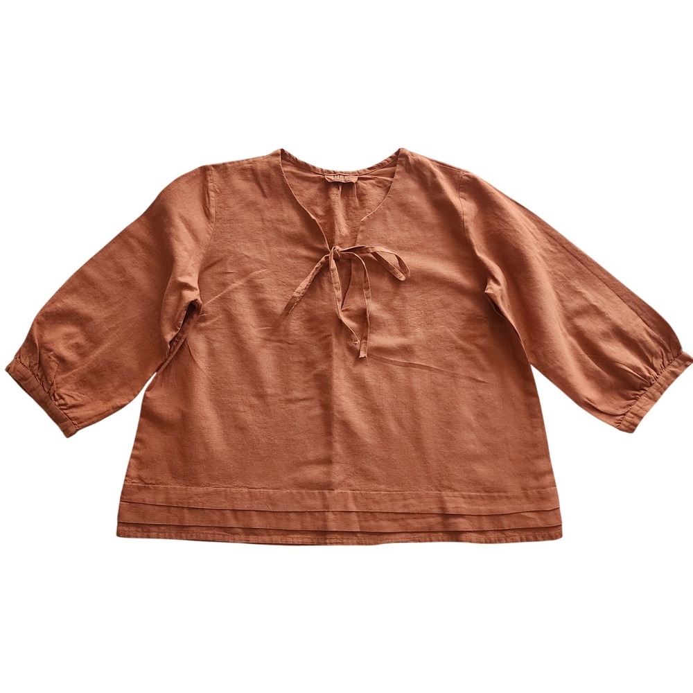 Etic Made in Italy Terracotta Linen Blend Tie Neck Pintuck Hem Blouse Top Small